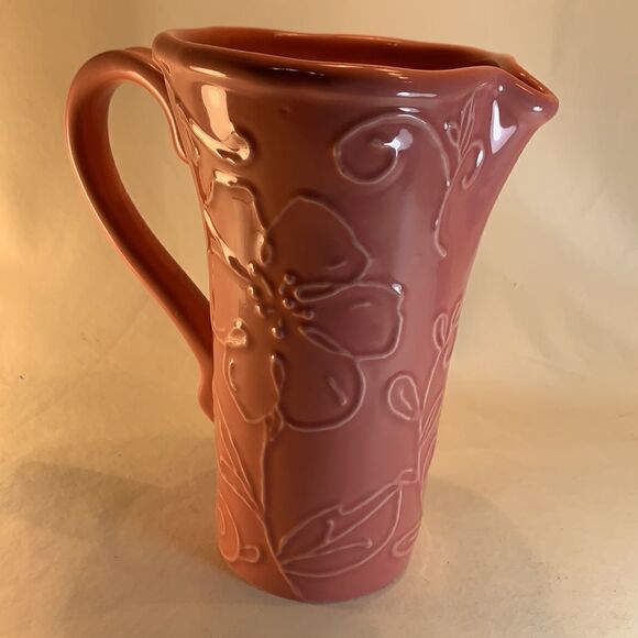 Pink Flower Stamped Embossed Pouring Spout Handle Pitcher A Gift From FTD Used - Picture 2 of 8